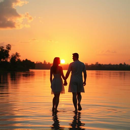 Ensaio fotográfico de um casal apaixonado caminhando de mãos dadas ao pôr do sol na Lagoa da Pampulha em Belo Horizonte.