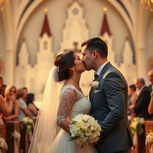 Fotografia de um casal se beijando durante a cerimônia de casamento com a Igreja da Pampulha ao fundo.