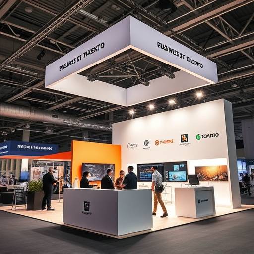Fotografia de um stand de empresa durante uma feira de negócios em um centro de exposiäões em Belo Horizonte.