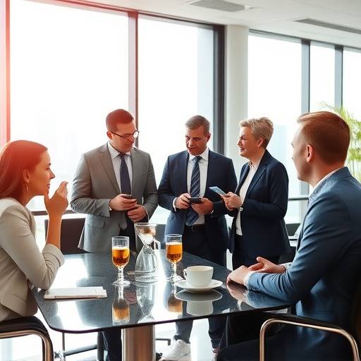 Imagem de um grupo de executivos interagindo durante um coffee break em um evento corporativo em BH.