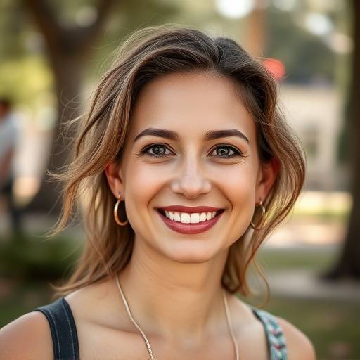 Retrato de uma mulher sorrindo em um parque em Belo Horizonte com luz natural suave.
