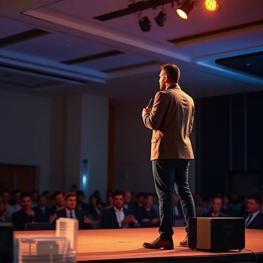 Um fotógrafo profissional tirando fotos de um palestrante no palco durante uma conferência corporativa em Belo Horizonte.