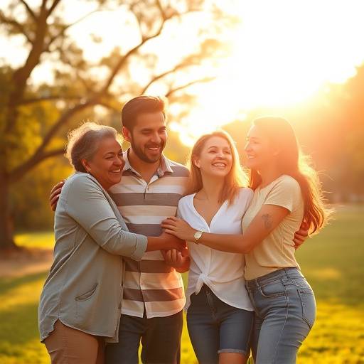 Uma família de quatro pessoas rindo e se abraäando durante uma sessão de fotos em um parque ensolarado em Belo Horizonte.