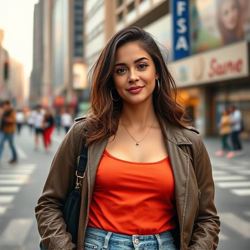 Uma jovem mulher posando confiantemente para um ensaio fotográfico em um ambiente urbano vibrante em Belo Horizonte.