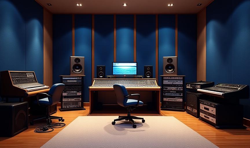 Interior moderno do estúdio da ÁudioForte com instrumentos e equipamentos